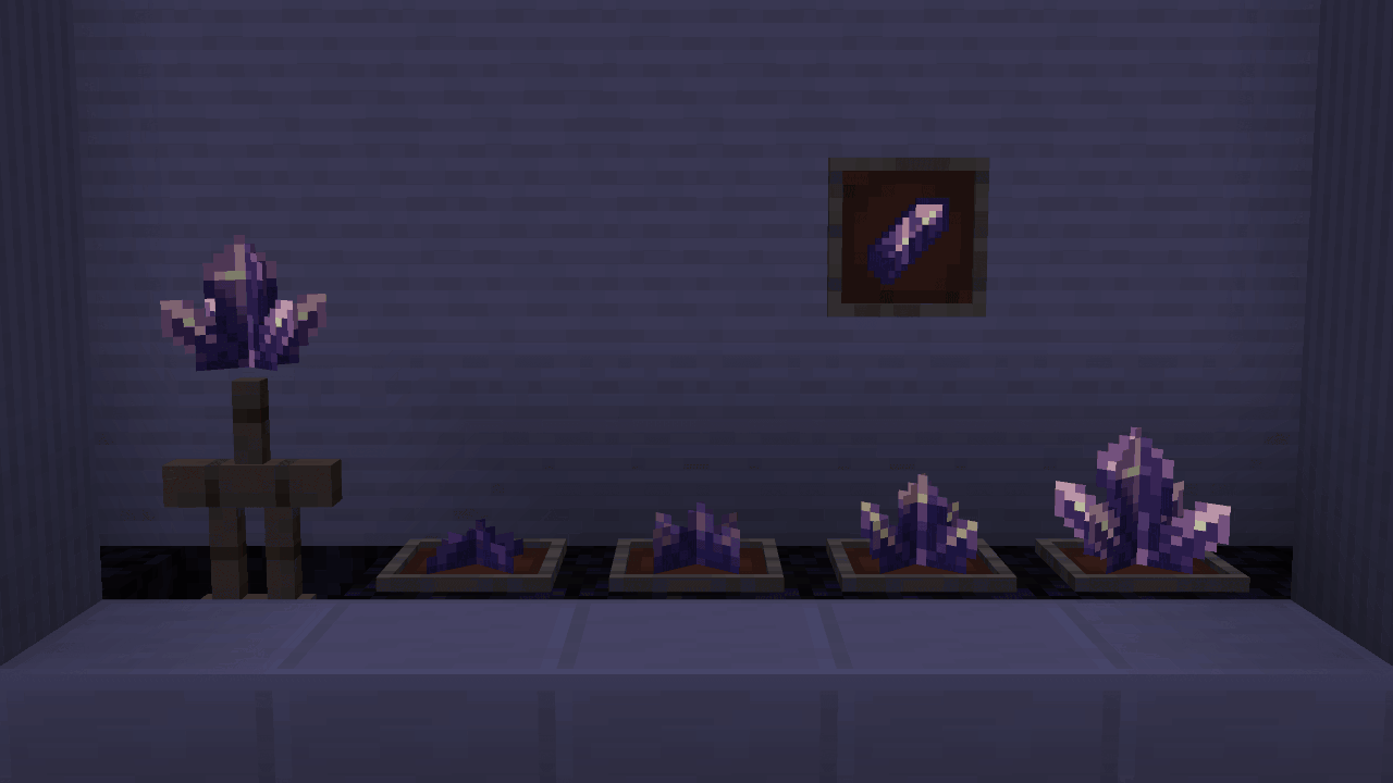 Amethyst clusters and buds appear 3D outside the GUI. If worn on your head, they will also appear on top of it
